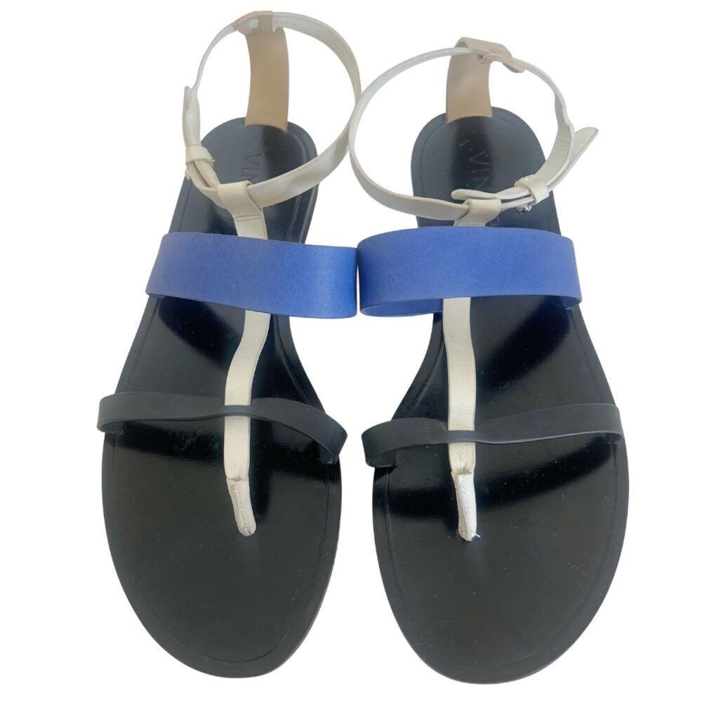 Like New Vince Crete Leather Thong Colorblock Sandal Black Blue Size 7.5